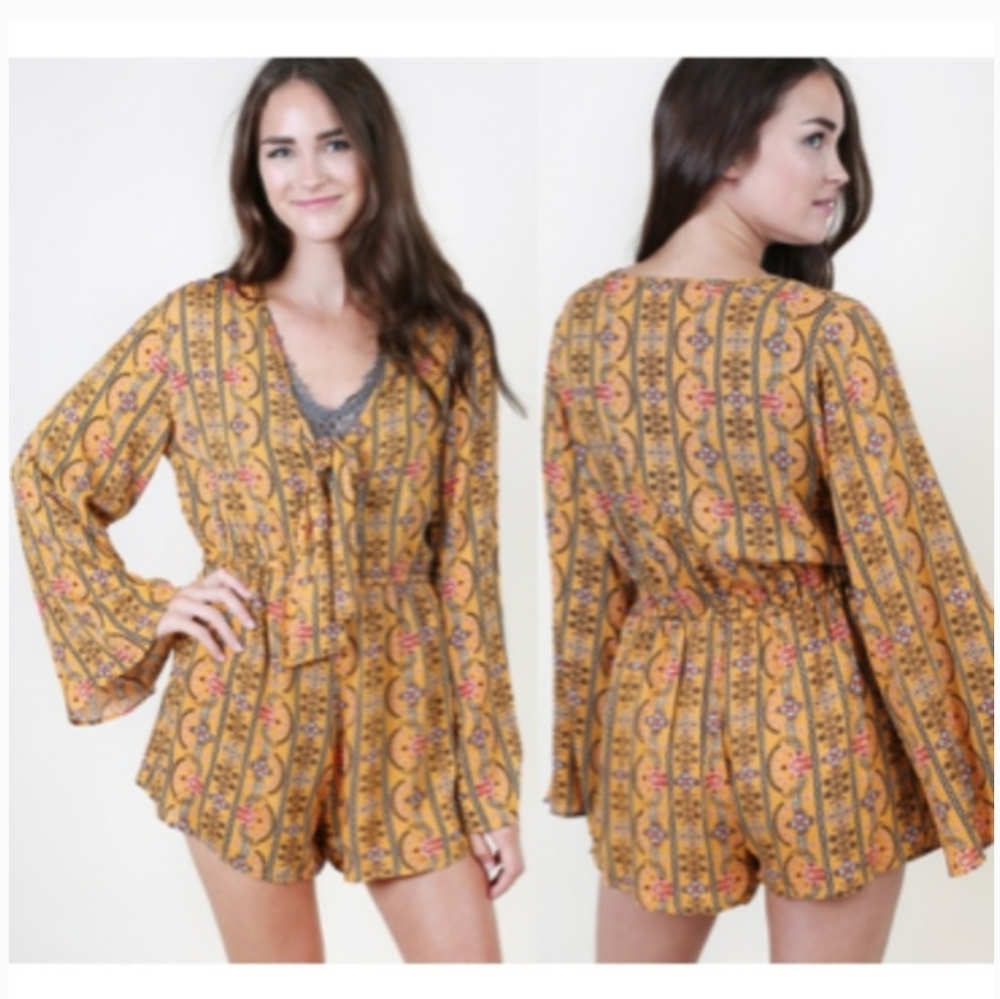 Altar'd State BOHO Mustard Printed Crepe Romper M